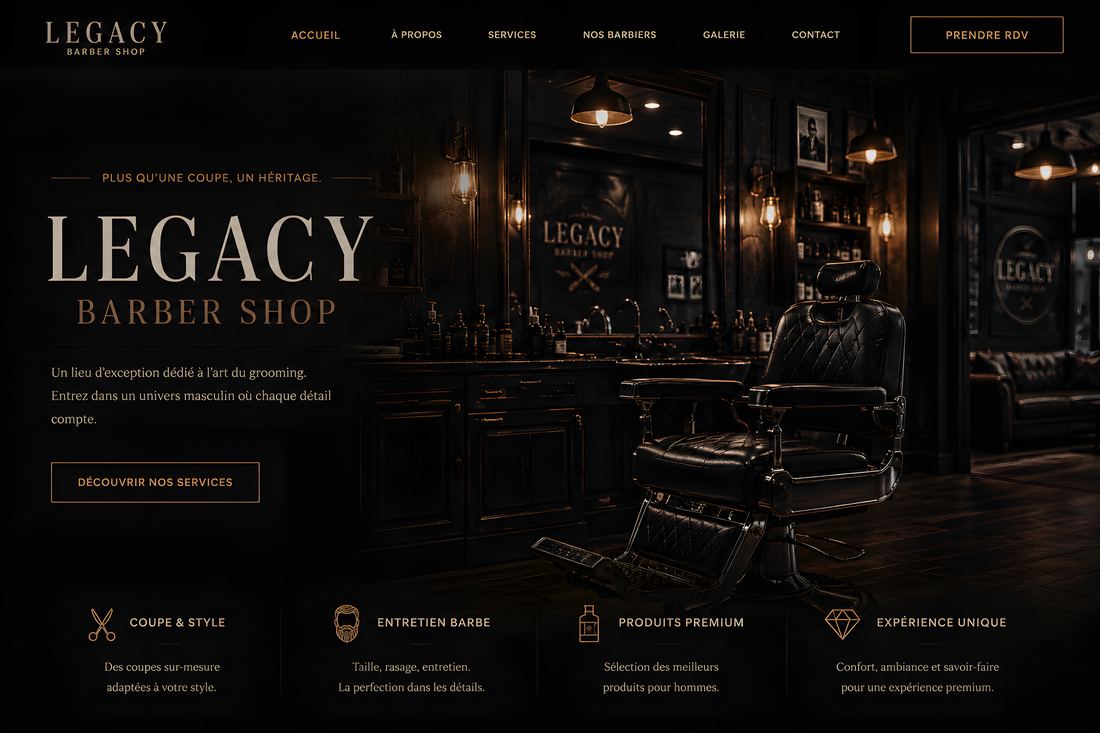 Exemple de style visuel sombre et premium pour un salon de coiffure barbier