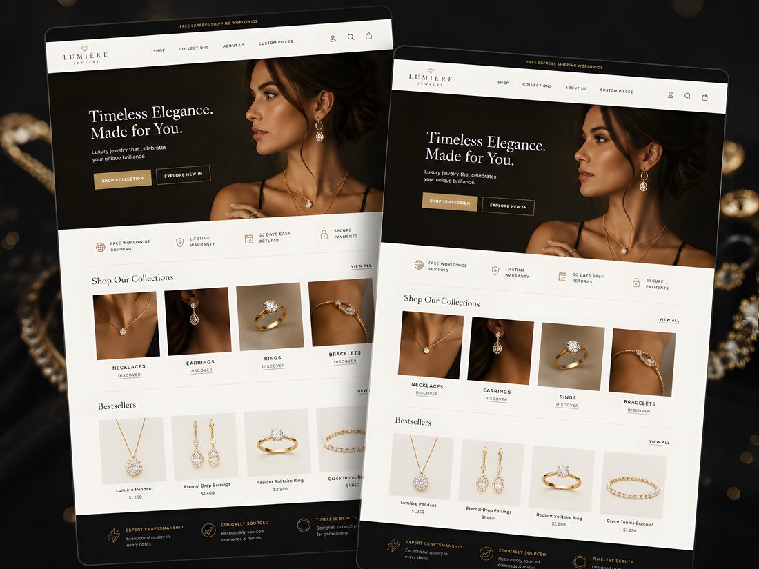 Exemple de style visuel pour une bijouterie en ligne, luxe et minimaliste