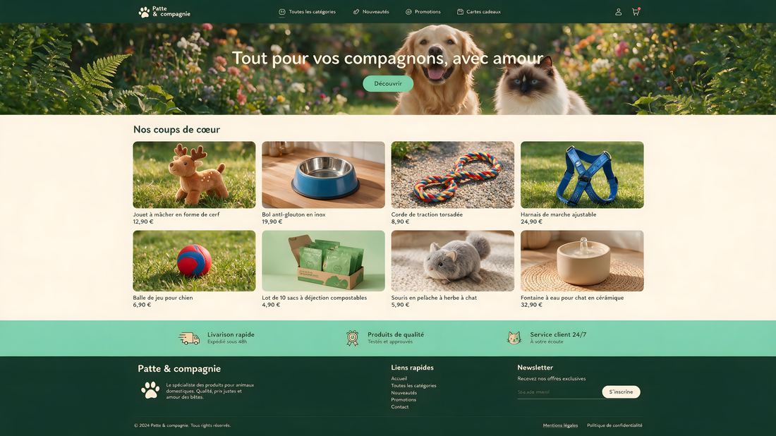 Exemple de style visuel chaleureux pour une boutique pour animaux
