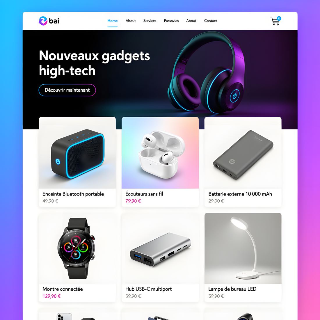 Exemple de style visuel coloré pour une boutique de gadgets high-tech