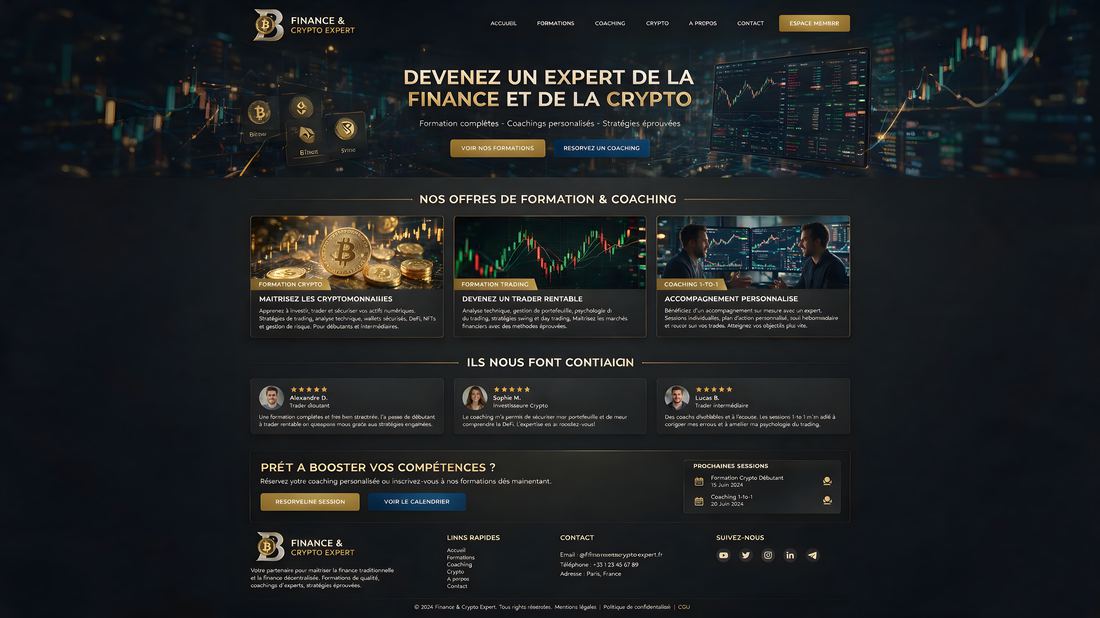 Exemple de style visuel sombre et doré pour un site de formation finance et crypto