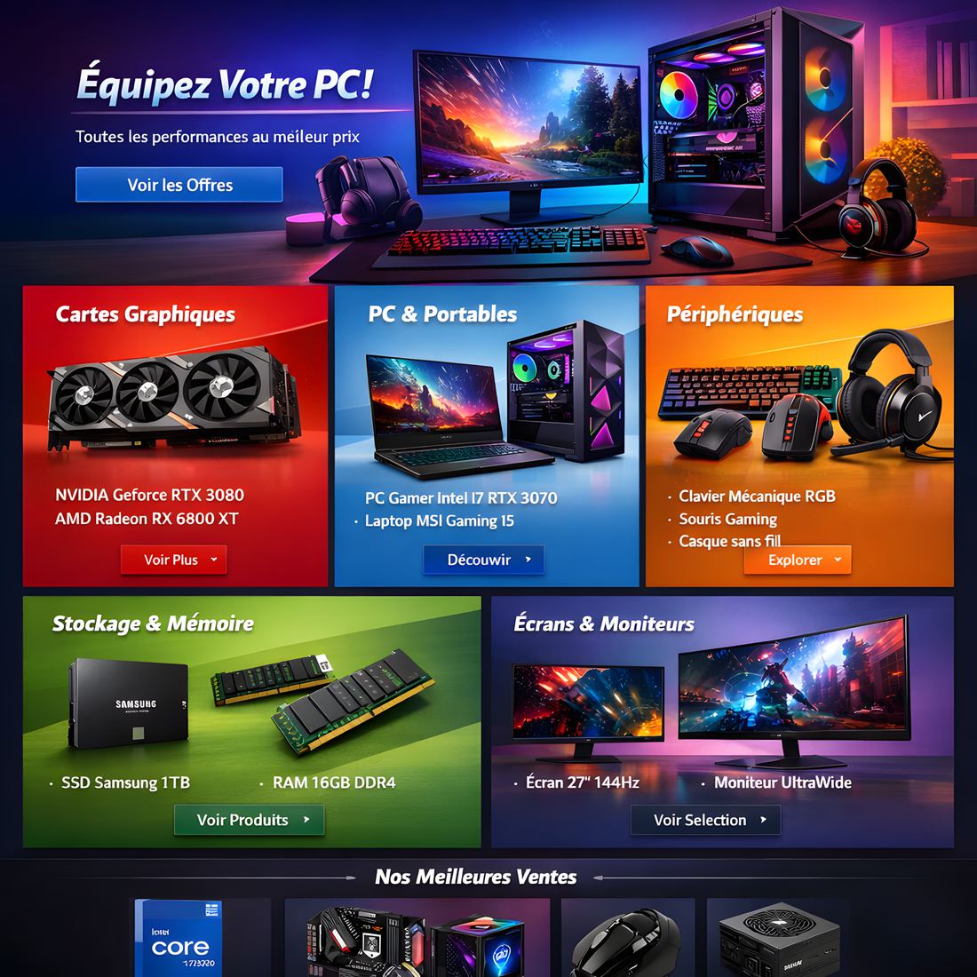 Exemple de style visuel énergique pour une boutique de matériel gaming
