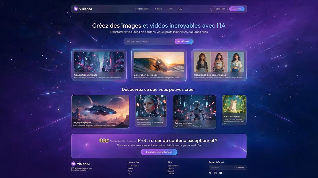 Exemple de style visuel pour une startup IA : fond spatial, dégradés néon
